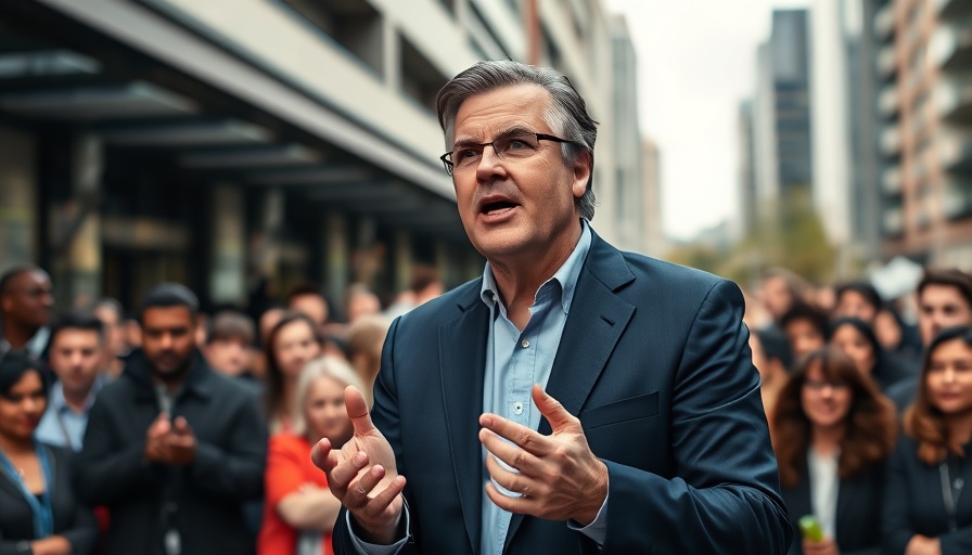 Man in a navy suit giving a speech outdoors in Los Angeles.