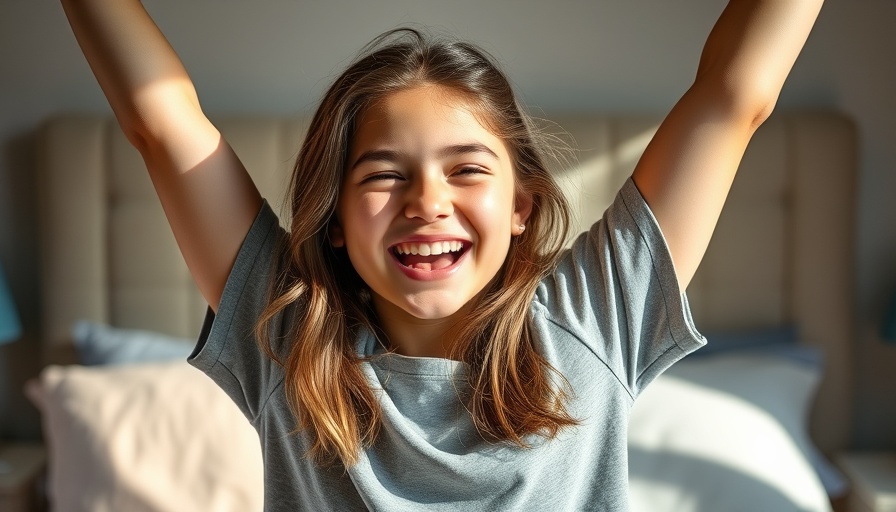 Teen enjoying weekend sleep, smiling and stretching in bed.