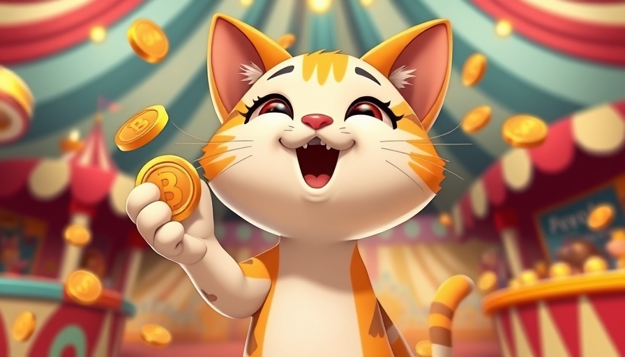 Cartoon cat holding meme coins with circus background, best meme coins to buy today