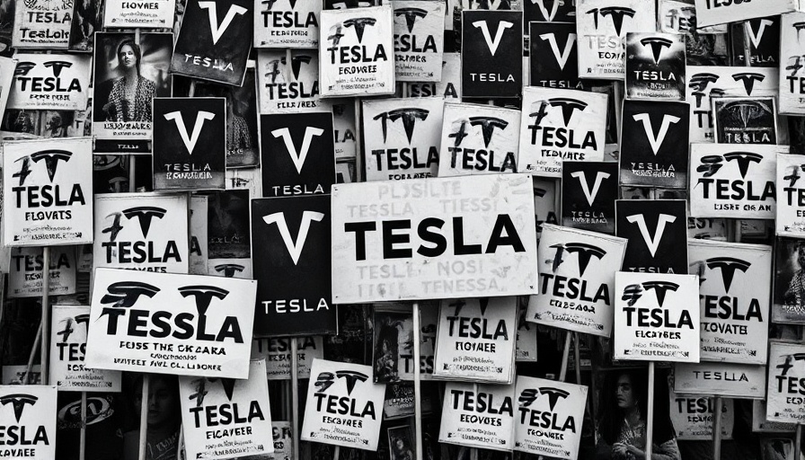 Black and white collage protesting Tesla with various critical signs.