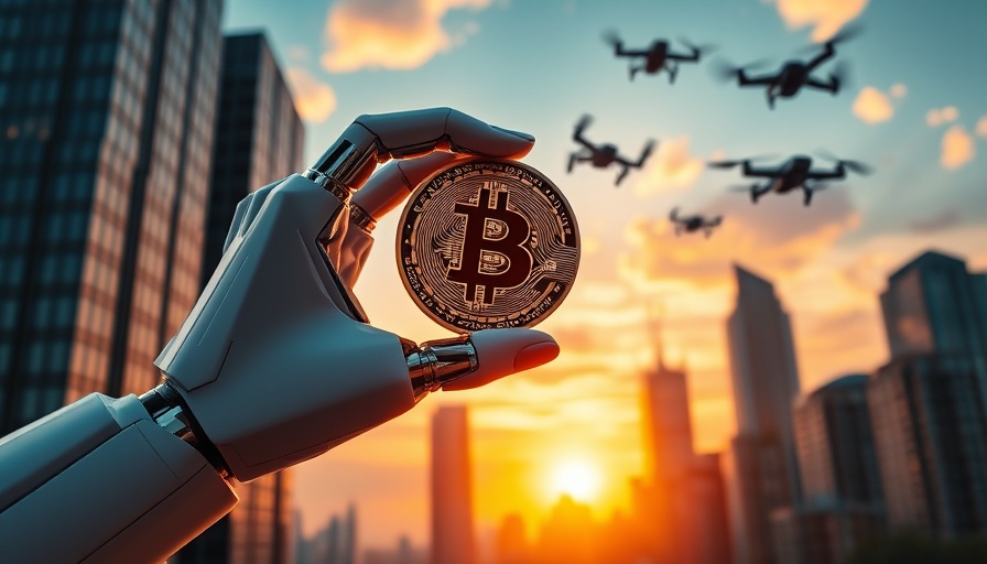 Futuristic robotic hand with Bitcoin, city skyline at sunset.
