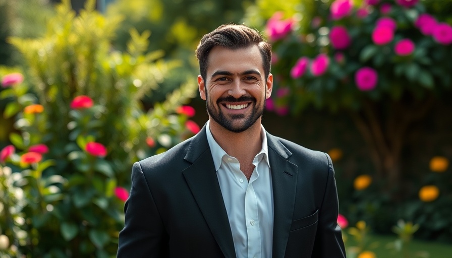 Confident man in suit outdoors with LifeWave Cellergize Morning Supplement ambiance.