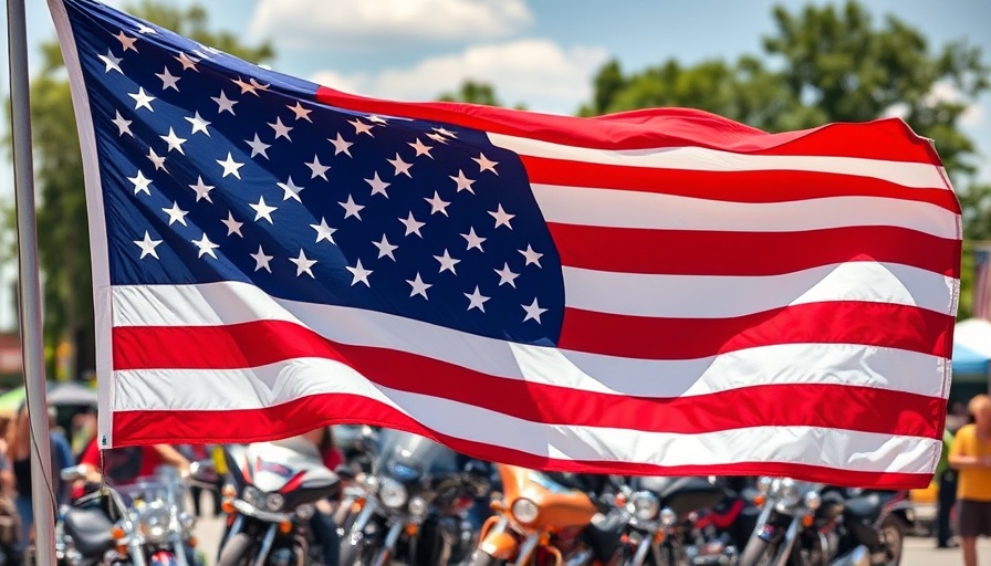American flag waving at Albuquerque motorcycle events, vibrant scene