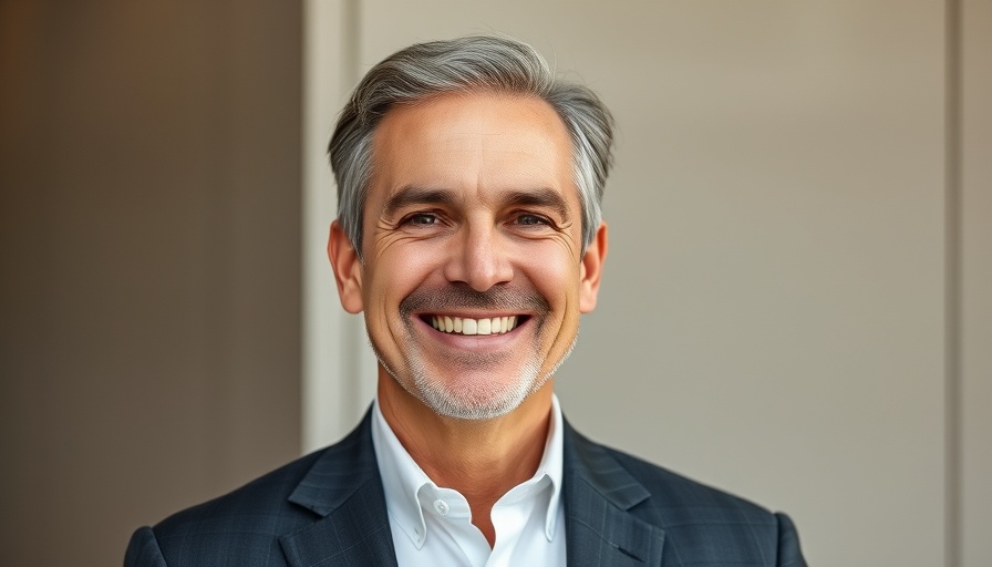Businessman smiling in professional attire against geometric background.