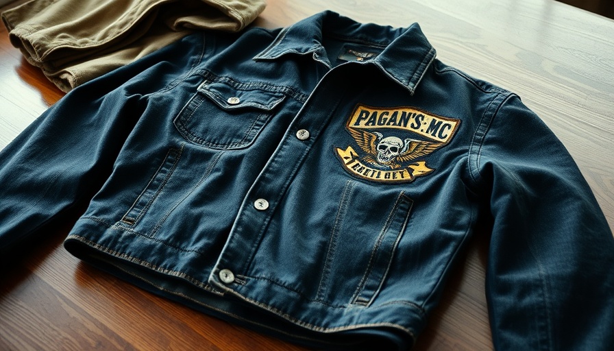 Denim biker jacket with Pagan's MC patch on a table.
