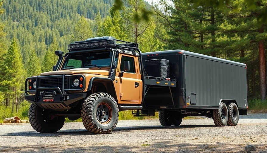Off-road vehicle with gooseneck trailer in forest setting
