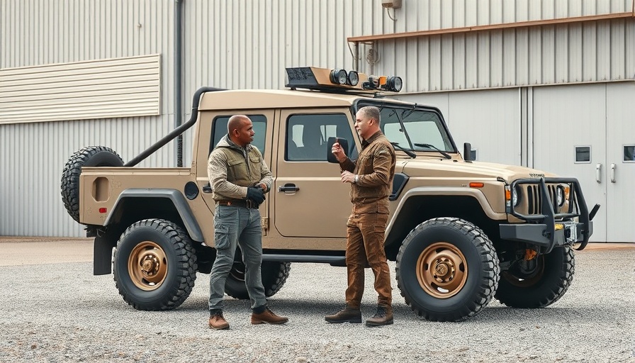 War-ready military vehicle with two men in discussion.