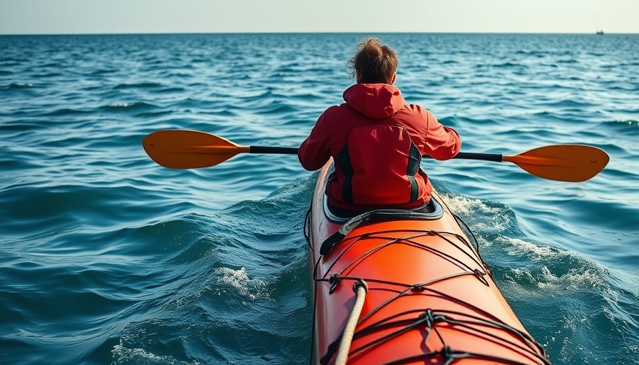Kayaker towing another kayak on calm ocean water.