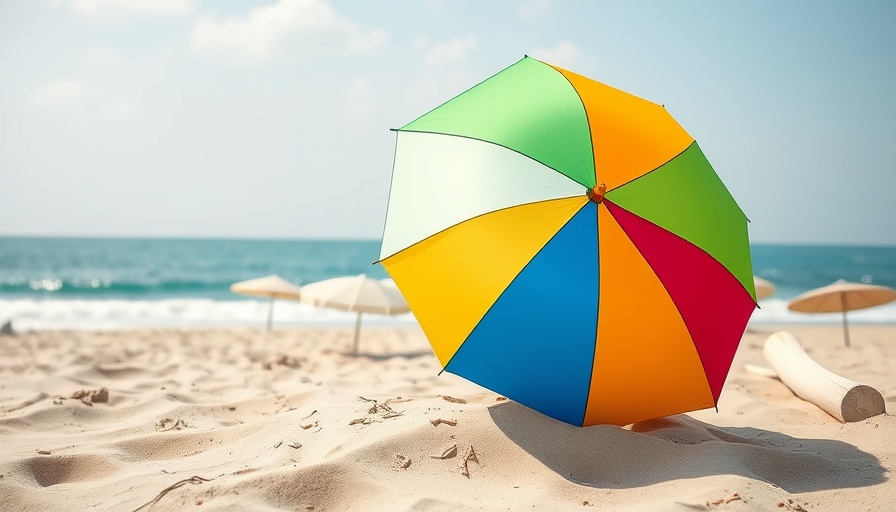 Colorful beach umbrella embedded in the sand on a windy day.