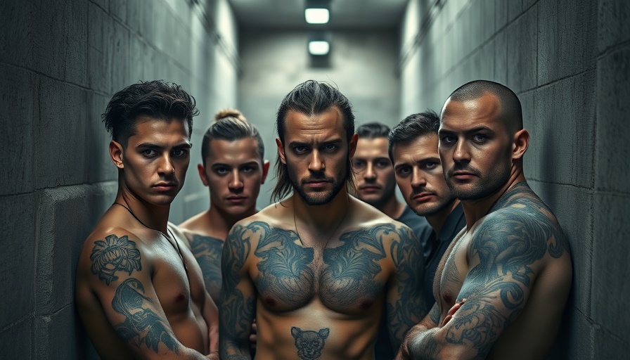 Group of tattooed individuals in a dimly lit, prison-like environment.