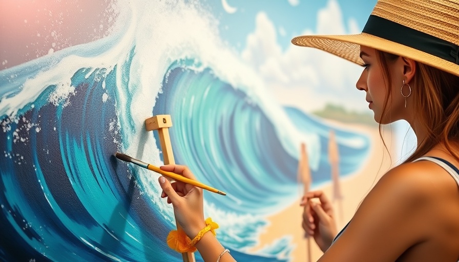 Focused female artist painting surfing mural, artist paid by surfboard brand.