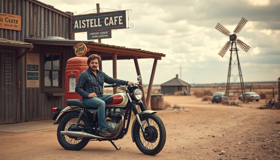 Vintage scene from 'The Birth of The Endless Summer' featuring man on motorcycle