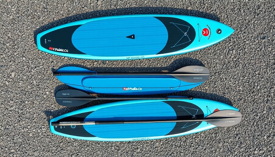 Red Paddle Co Future Paddle series, sleek blue paddles on gravel.