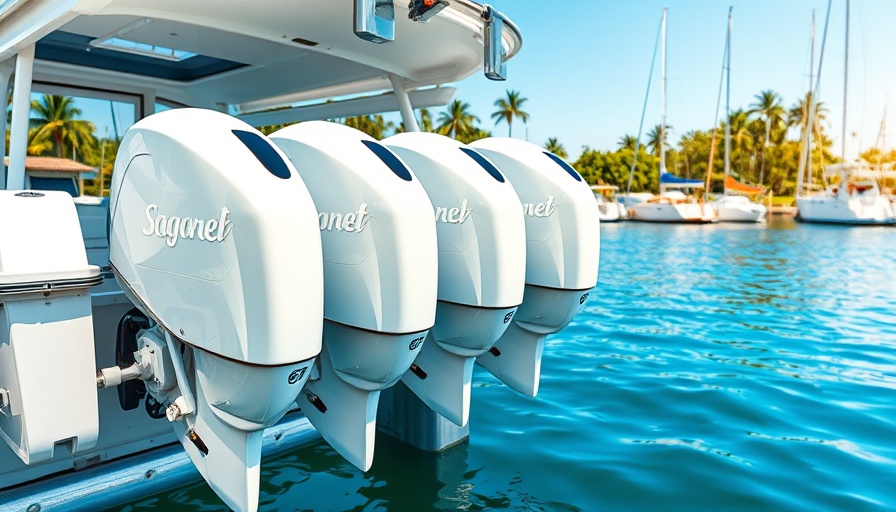 Boat lift maintenance with white engines on sunny blue water day.