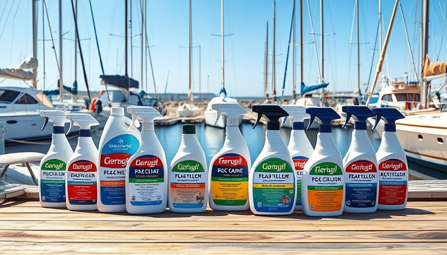 Fiberglass boat cleaner products on dock at marina.