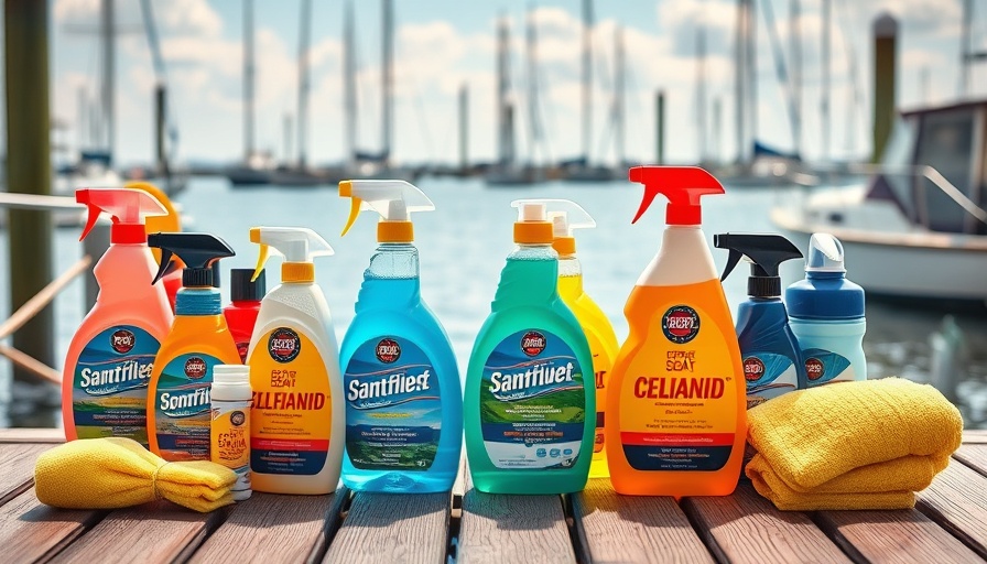 Assorted boat cleaning products on a dock for spring clean your boat.