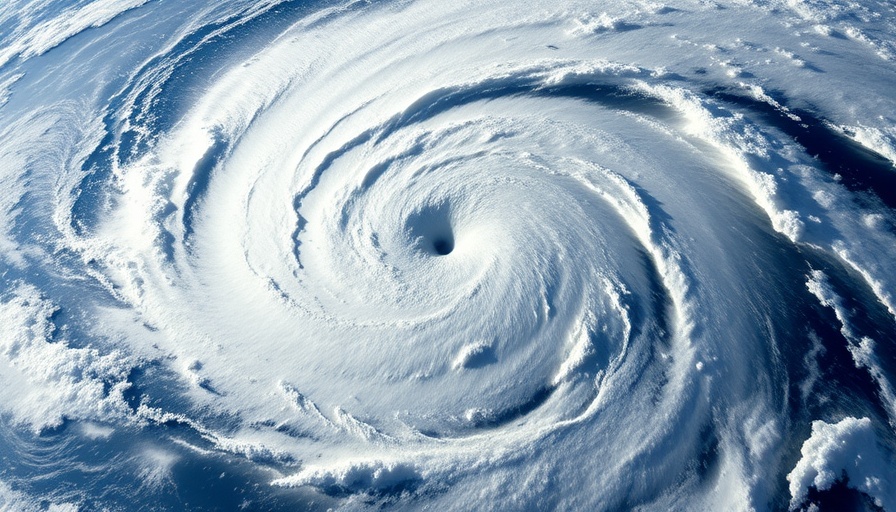 Satellite view of hurricane swirl over ocean for hurricane preparedness checklist boats.