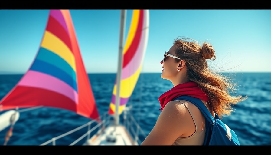 Young woman on a sailboat with colorful downwind sails on a clear day.