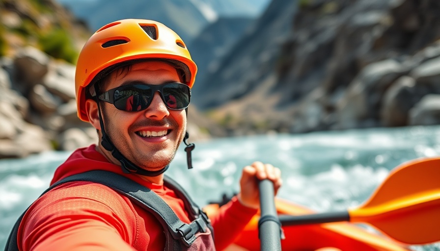 Whitewater canoeing scene with outdoor enthusiast in helmet.
