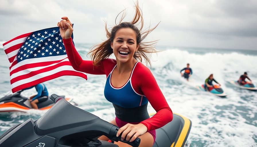USA Surfing Investment LA28 Olympics: Surfer celebrates with flag.
