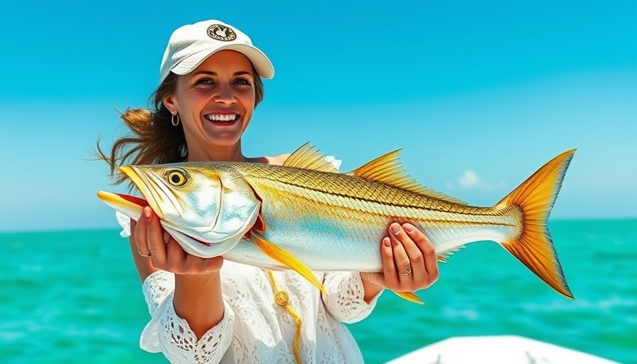 Woman fishing in Florida Keys holding mahi-mahi, clear blue ocean.