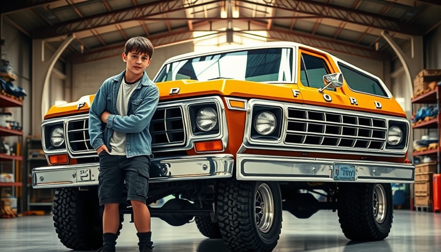 Young man presenting budget-built off-road vehicle in garage.