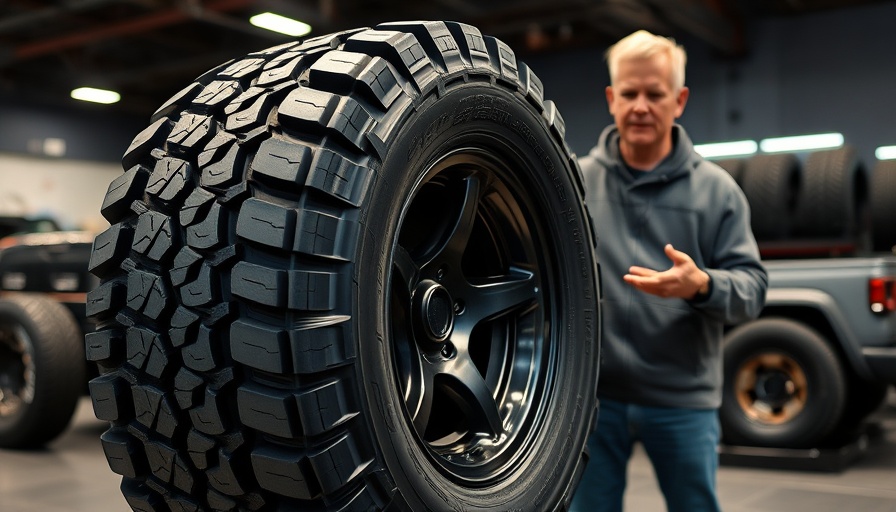 Rugged hybrid all-terrain tire display in automotive showroom.
