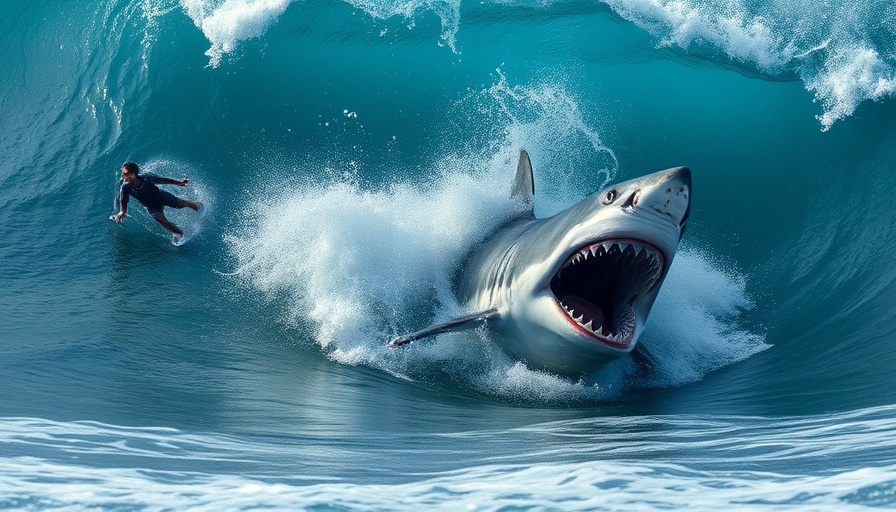 AI-Generated Surf Clips: Surfer escaping a massive shark on a wave.