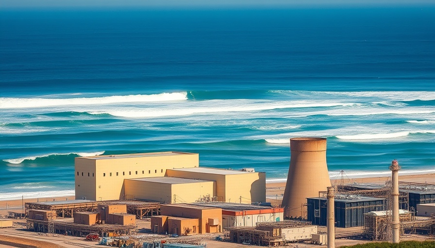 Nuclear waste facility near San Onofre with ocean and surfers.