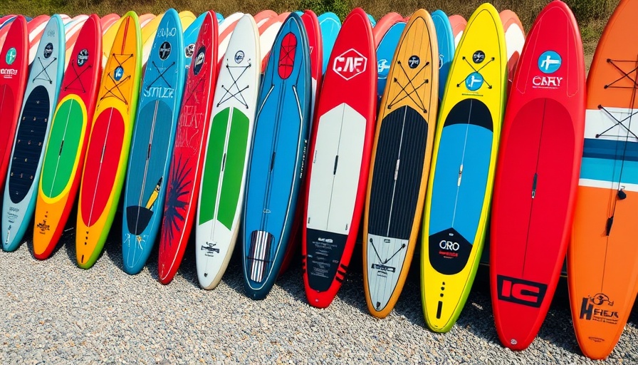 Vibrant Aqua Marina iSUP range displayed outdoors on gravel.