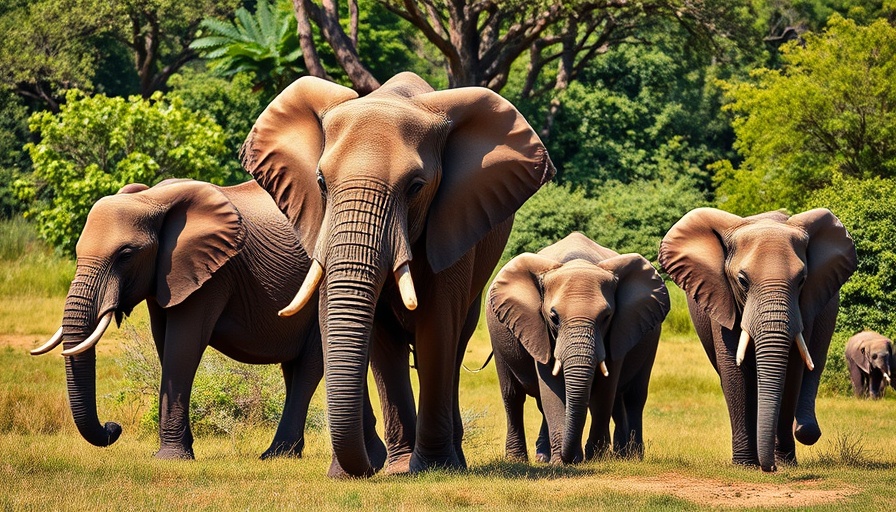 Elephant family in African savanna near safari eco lodges.