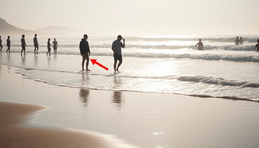 Beach scene with people in water and red arrow, shark attack safety tips context.