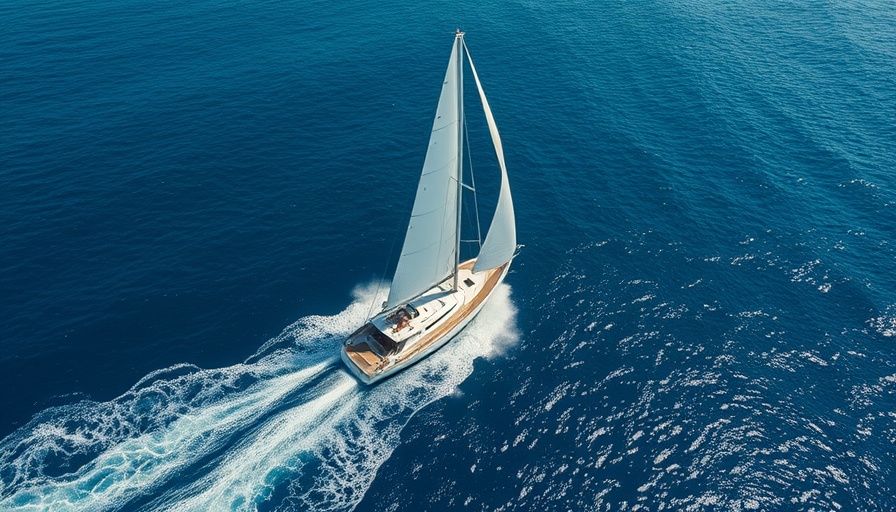 Aerial view of a sleek second hand yacht cruising on clear blue waters.