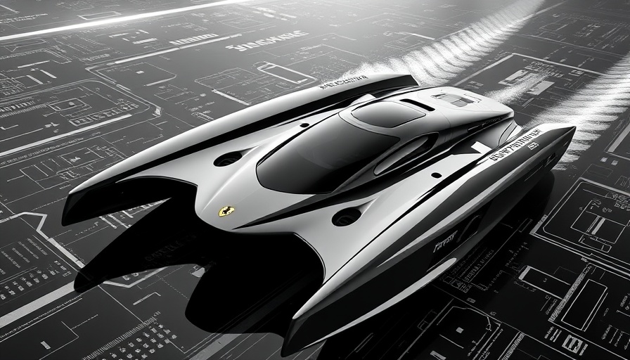 Futuristic design of the Ferrari Hypersail foiling yacht in monochrome.