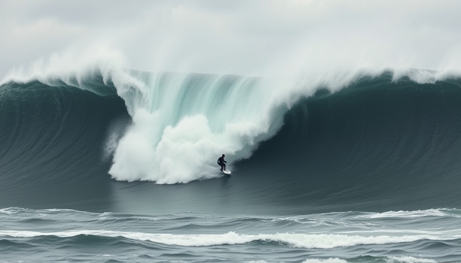 Surfer tackling 100-foot wave under overcast skies.
