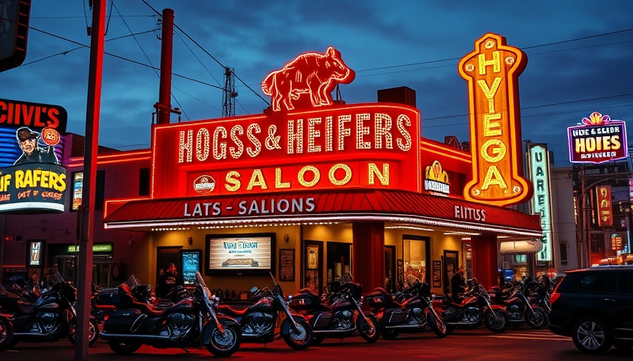 Hogs & Heifers Saloon Closure with neon signs and motorcycles.