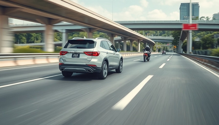 SUV with crash prevention system detects motorcycle on highway.