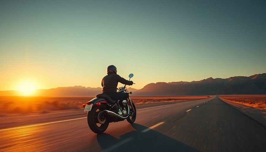 Motorcyclist rides on sunlit desert highway with mountains, highlighting motorcycle crash statistics and alcohol.