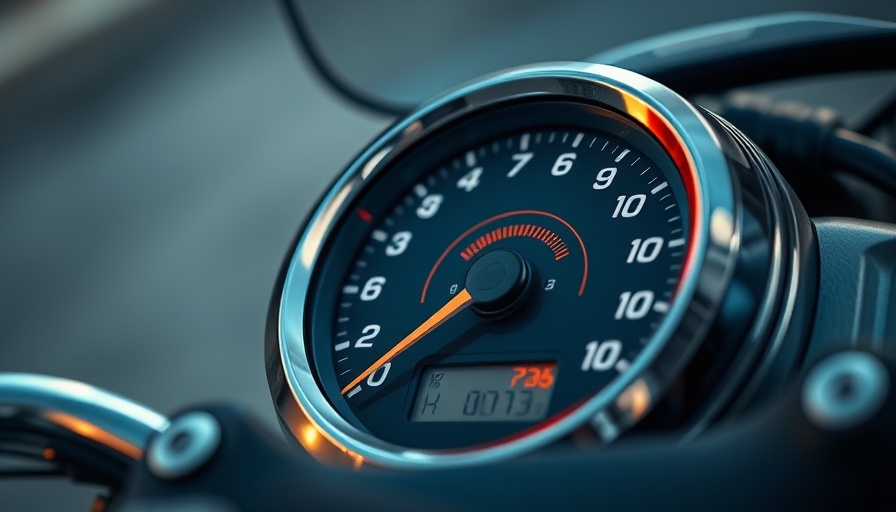 Motorcycle speedometer showing high speed, highlighting the impact of speed on motorcycle safety.