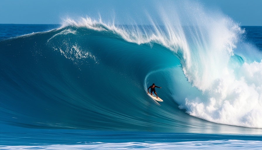 Surfer navigating massive wave during Albee Layer's Jaws Swell Experience