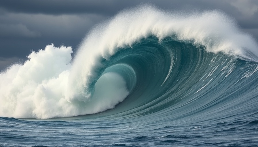 Towering tsunami wave crashing onto shore with trees.