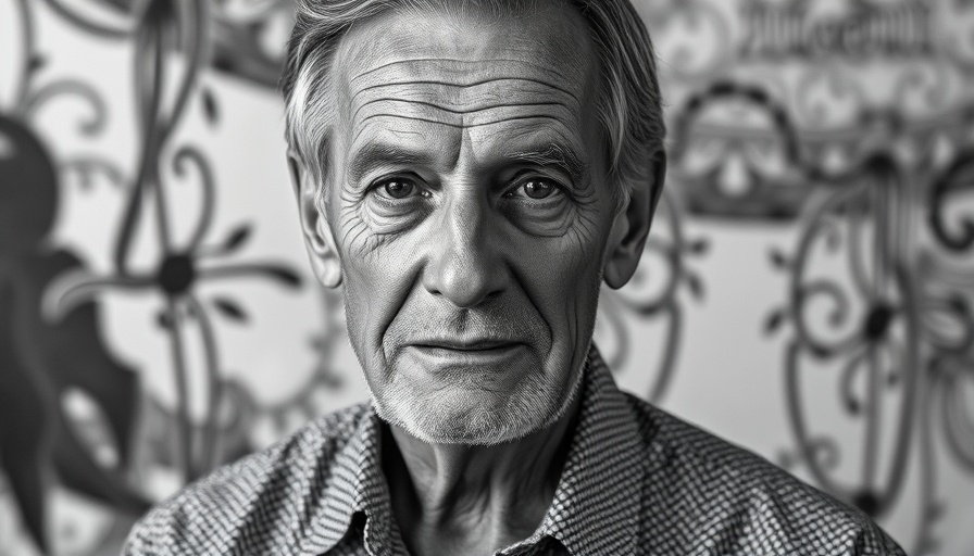 Zen Del Rio surfer artist in monochrome portrait with patterned shirt.