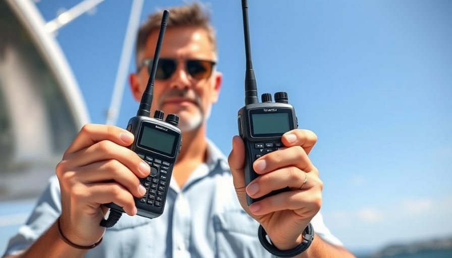 Person displaying handheld VHF marine radios outdoors on a sunny day.
