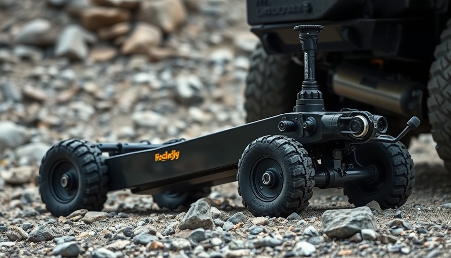 Off-road floor jack lifting vehicle on rocky terrain.