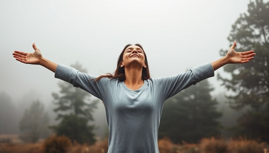 Tranquil woman embracing nature; serene foggy landscape. Activate Your Gut Microbiome