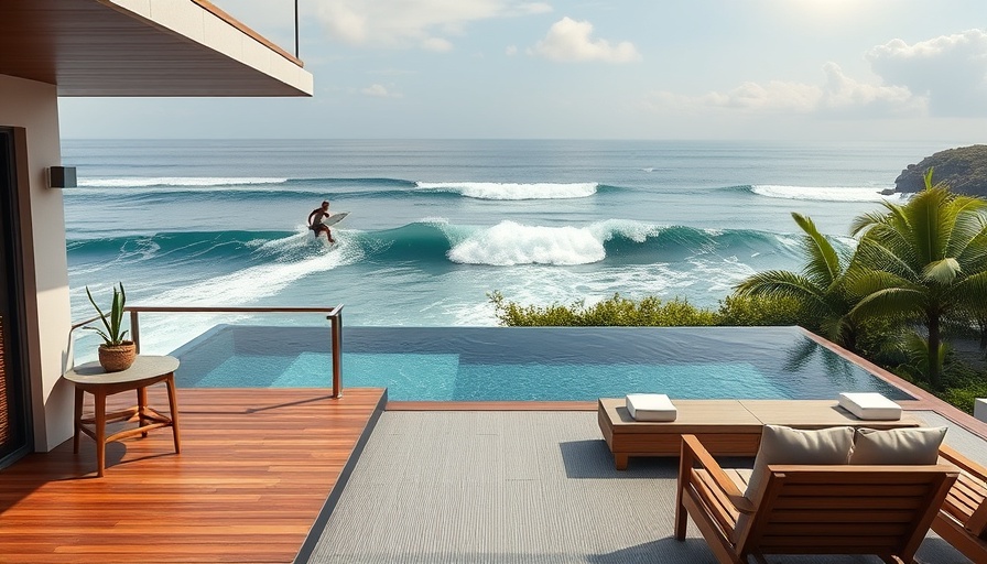 Crest Surf Club wave pool New York with terrace and surfer.