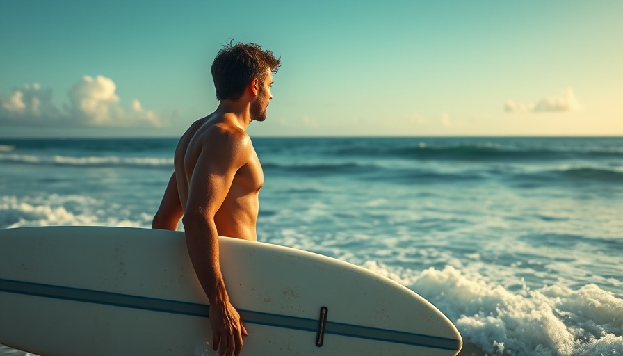 Surfer holding board during Telos Islands surfing adventure.