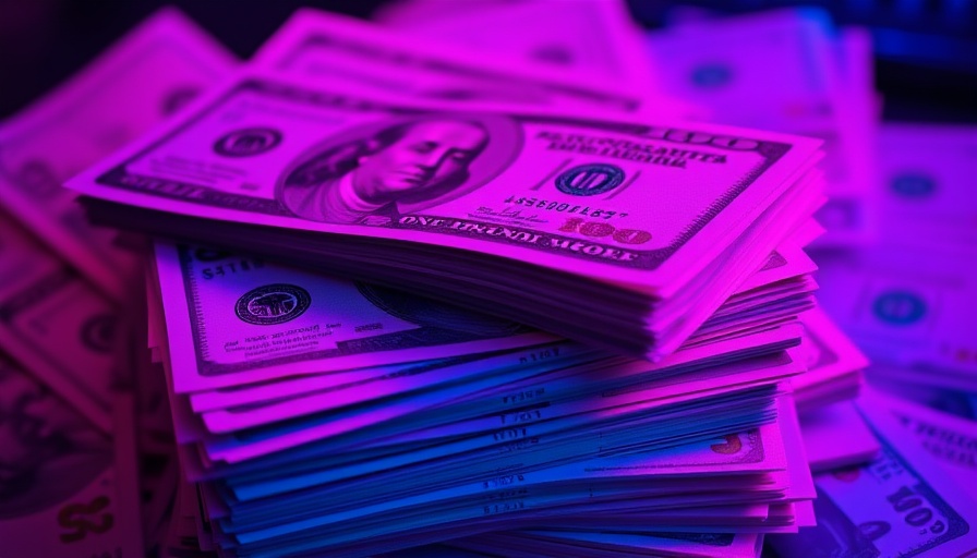 Stacks of $100 bills in pink and blue light, highlighting embezzlement in nonprofit organizations.
