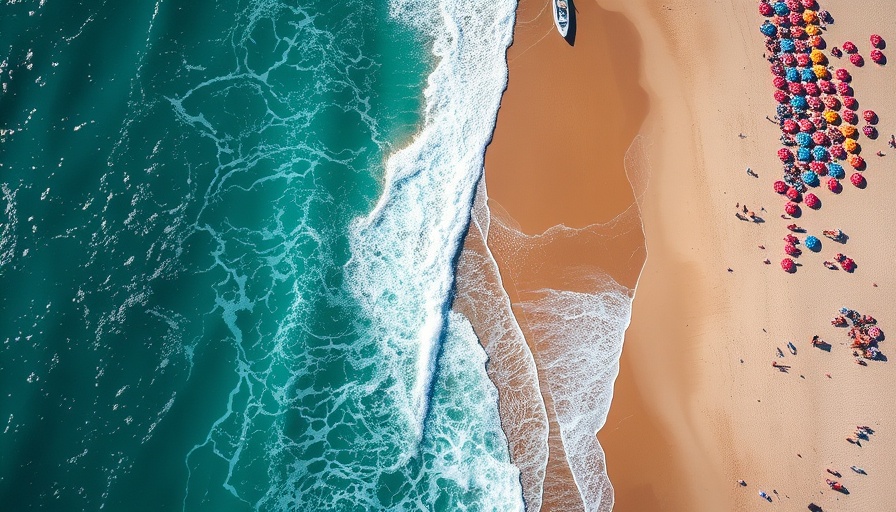 Rip currents at Newport Beach seen from above with a boat and beachgoers.