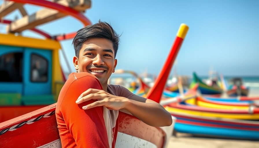 Joyful man at Surfrider Senegal with colorful boats.